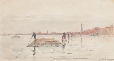 Gezicht Op Venetie Vanaf Het Water Met Op De Voorgrond In Het Water Een Houten Vlot