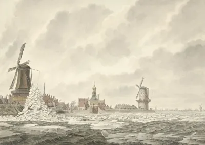 Gezicht Van De Opkruijing Van Het Ijs Op En Tegen De Borstwering Agter De Runmolen Te Gorinchem Den 20 N Februarij 1799