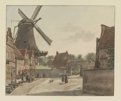 Gezicht Vanuit De Bereiderstraat Tegenwoordig Sophiastraat Op De Oostzijde Van De Raampoort En De Doelmolen