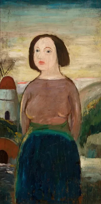 Girl Against The Background Of A Landscape With A Windmill