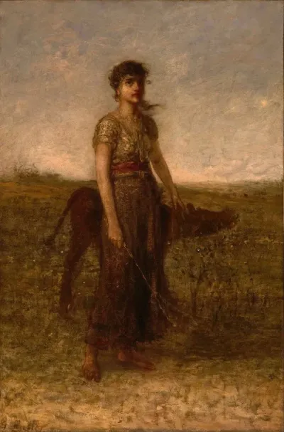 Girl And Calf Led Through Meadows