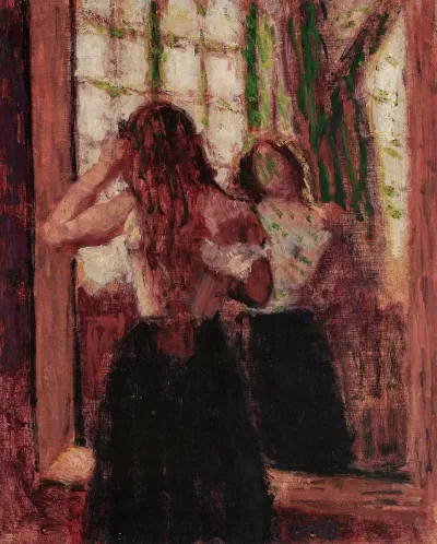 Girl Arranging Her Hair In Front Of A Mirror