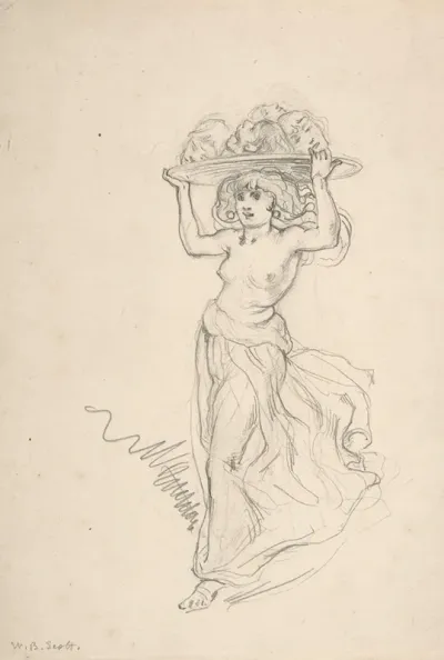 Girl Carrying A Tray With Four Heads