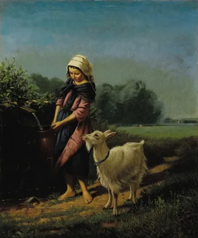 Girl Fetching Water With Goat