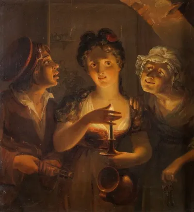 Girl Holding A Candle Standing Between A Fiddler And An Old Woman