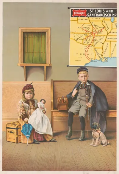 Girl Holding Doll And Boy With Dog In Waiting Room At Railroad Station