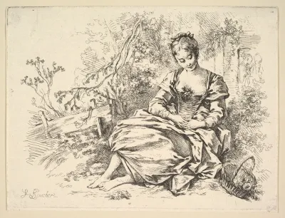 Girl In A Landscape With A Basket Of Flowers