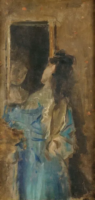 Girl In Blue Looking In A Mirror
