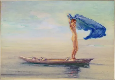 Girl In Bow Of Canoe Spreading Out Her Loin Cloth For A Sail Samoa