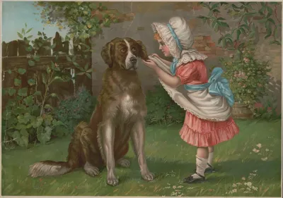 Girl In Pink Dress And White Bonnet With Dog