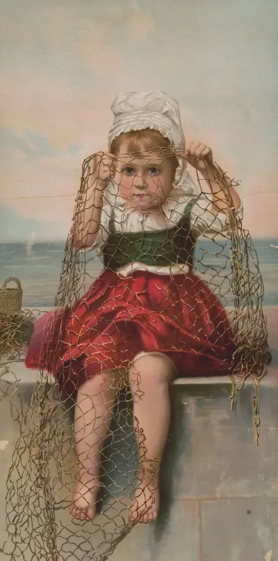 Girl In Red And Green Dress Holding Fishing Net