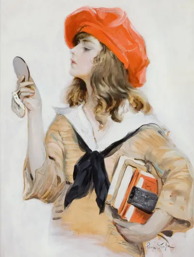 Girl In Red Beret Looking Into Compact Mirror