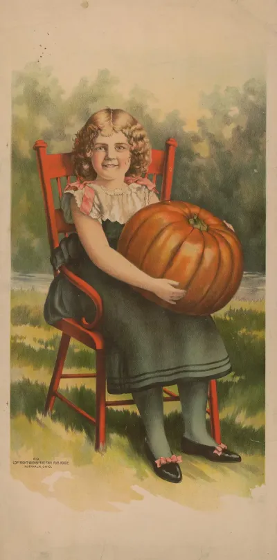 Girl In Red Chair With Pumpkin