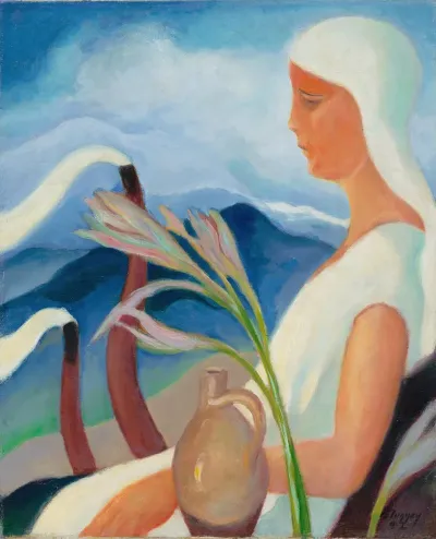 Girl In White With Factory Chimneys And Flowers