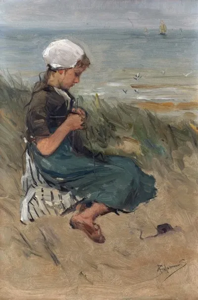 Girl Knitting In The Dunes