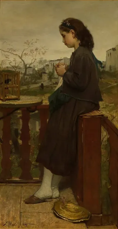 Girl Knitting On A Balcony Montmartre