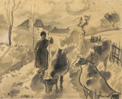 Girl Leading A Herd Of Cows Along A Road