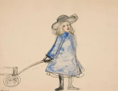 Girl Pulling Wagon Plain Girl In Blue Dress