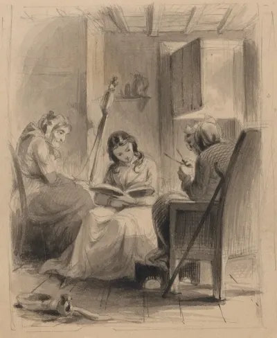 Girl Reading And Two Elderly Women Spinning And Knitting