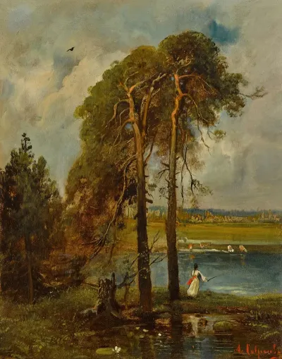 Girl Tending Cows By A Pond