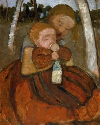 Girl With A Baby Among Birch Trees