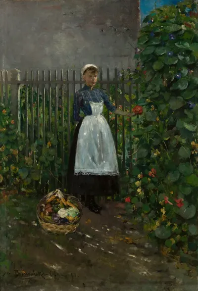Girl With A Basket Of Vegetables In The Garden
