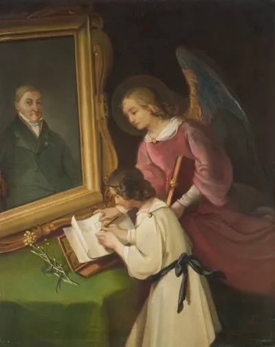 Girl With A Guardian Angel Writing In Front Of A Painting Portrait Of The Founder Ph Merian