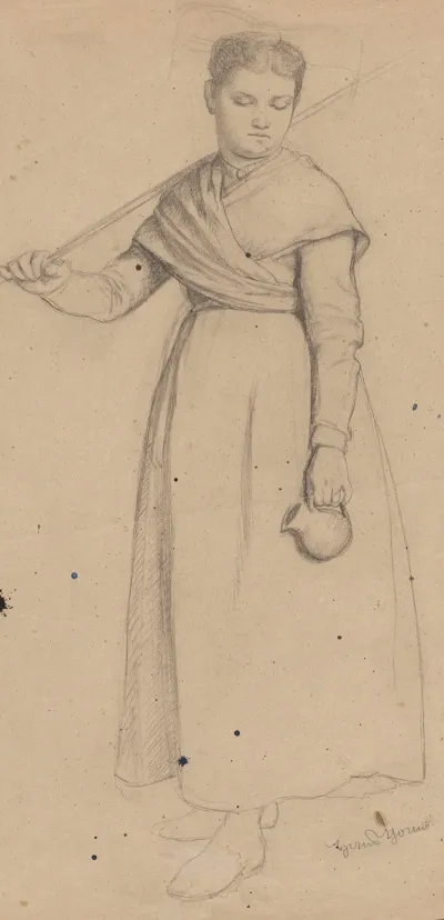 Girl With A Jug And A Rake In Her Hands