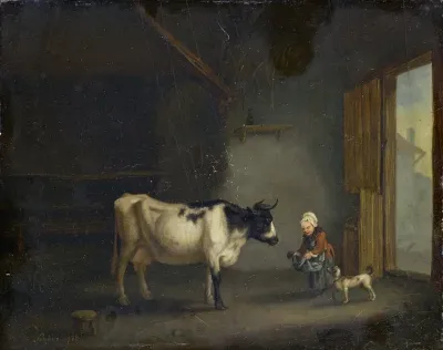 Girl With Cow In A Stable