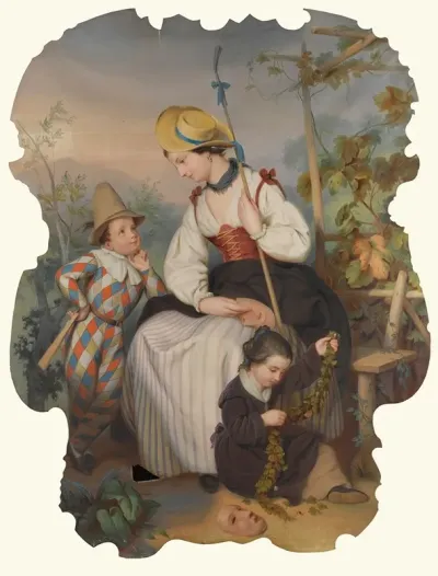 Girl With Two Children The Boy Dressed As A Harlequin