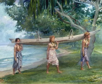 Girls Carrying A Canoe Vaiala In Samoa