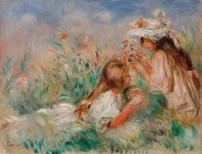 Girls In The Grass Arranging A Bouquet Fillette Couchee Sur Lherbe Et Jeune Fille Arrangeant Un Bouquet