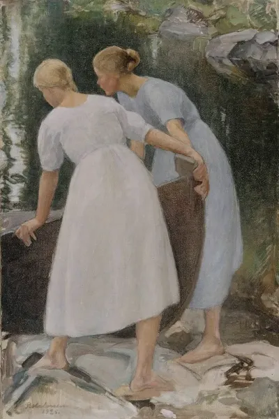 Girls Pushing A Boat