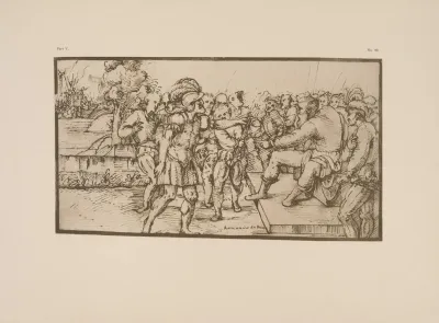 Girolamo Romanino Drawing Of Soldier Approaching King Surrounded By Crowd
