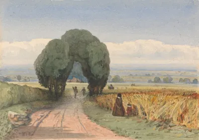 Gloucestershire A Woman And Child On A Road Bordering Fields Of Ripe Corn At Moreton In Marsh