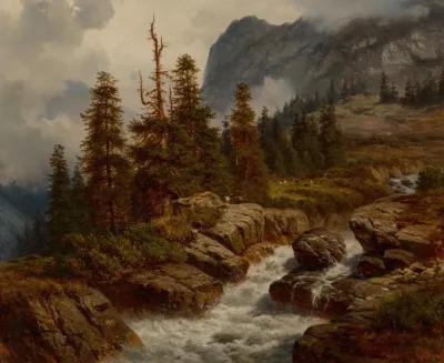 Goats By An Alpine Stream