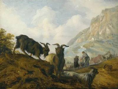 Goats On A Hillside With Herders Beyond