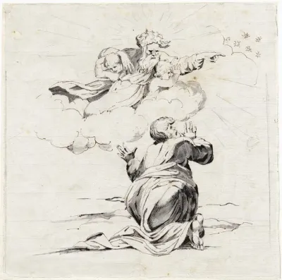 God Verschijnt Aan De Knielende Abraham Rugfiguur