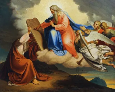 God Writes The Ten Commandments On Two Stone Tablets To Moses On Mount Sinai