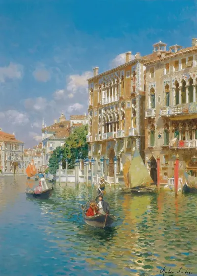 Gondoliers In Front Of The Palazzo Cavalli Franchetti Venice