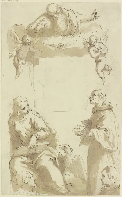 Gottvater Mit Taube Und Engeln Uber Leerem Quadratischem Feld Darunter Johannes Der Evangelist Und Ein Anderer Anbetender Heiliger Sowie Die Kopfe Von Zwei Stiftern