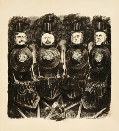 Gould Harriman Vanderbilt And Hill Depicted As Trains About To Run Over A Small Man Representing The People
