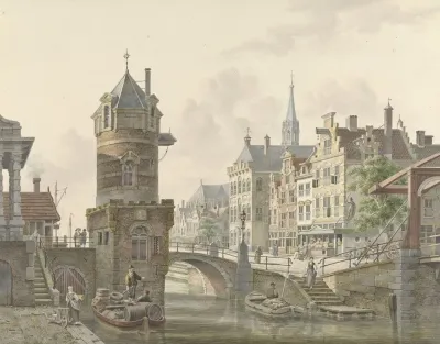 Gracht In Een Stad Met Een Torentje Bij Een Stenen Brug