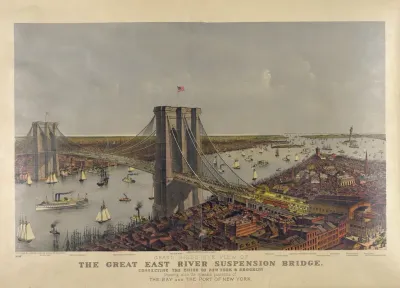 Grand Birds Eye View Of The Great East River Suspension Bridge Connecting The Cities Of New York Brooklyn