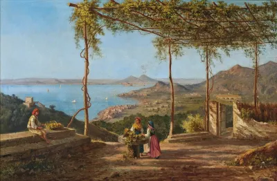 Grape Pickers Above Sorrento Vesuvius Beyond