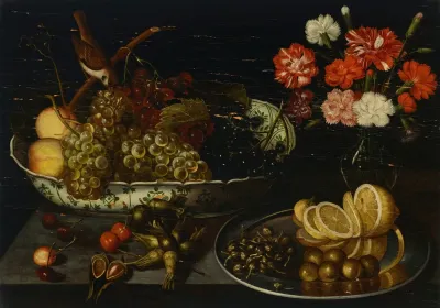 Grapes And Peaches In A Porcelain Bowl With A Finch Carnations In A Glass Vase And A Sliced Lemon On A Pewter Plate