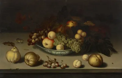 Grapes Apples Peaches And Apricots In A Wan Li Bowl With Quinces A Frog A Caterpillar A Fly And A Beetle On A Stone Ledge