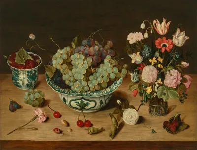 Grapes In A Wan Li Porcelain Kraak Raspberries In A Wan Li Beaker Tulips Roses And Other Flowers In A Glass Vase