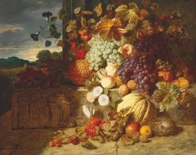 Grapes Peaches A Melon And Other Fruit On A Stone Frieze With A Birds Nest