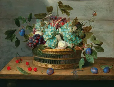 Grapes Peaches Plums And Cherries In A Wicker Basket With Dragonfly And Butterfly Nearby
